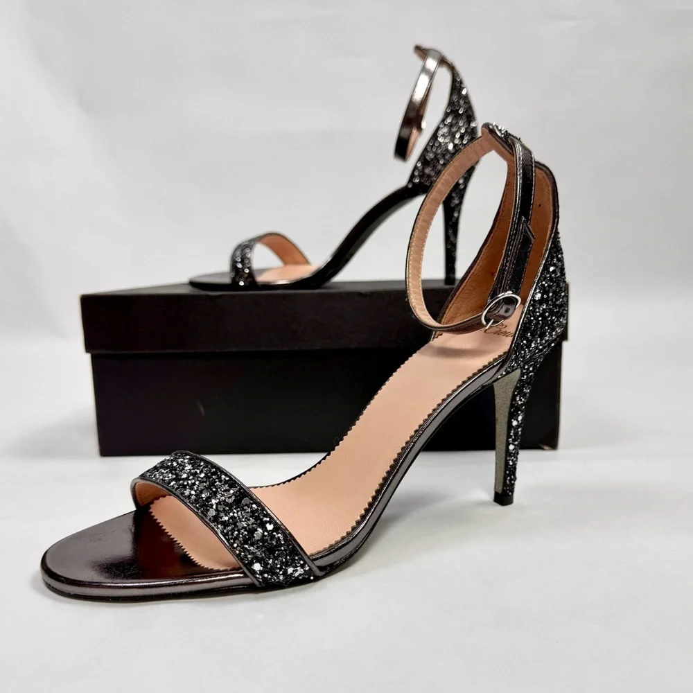 NEW - J. Crew Riley Sandal Stiletto Heels Silver Gunmetal Glitter Size 9.5 NIB